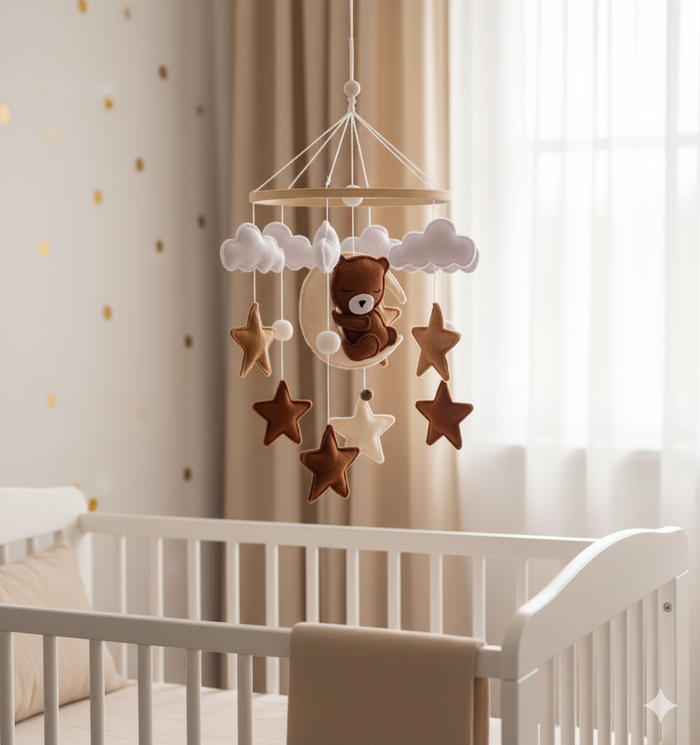 Mobile bébé Ourson Céleste au-dessus d'un lit blanc