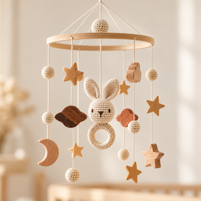 Mobile bébé lapin ivoire avec étoiles et lune en bois