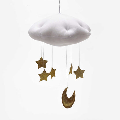 Nuage suspendu, lune et étoiles dorées, blanc