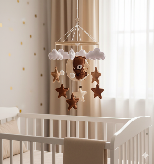 Mobile bébé “Ourson Céleste” en bois et coton naturel