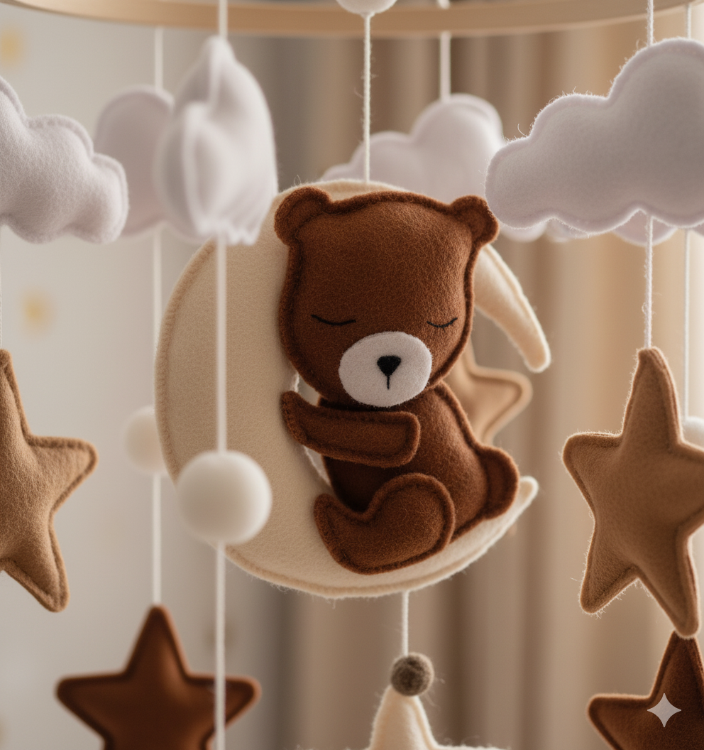 Mobile bébé “Ourson Céleste” en bois et coton naturel