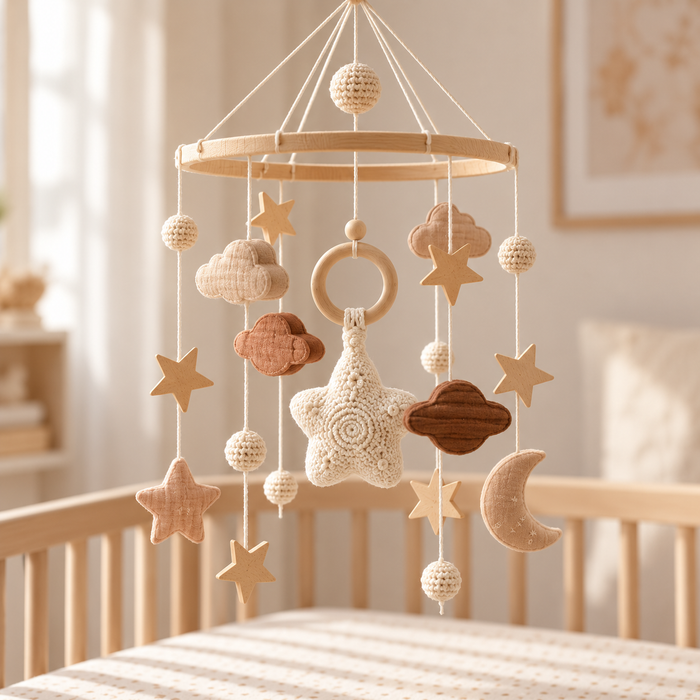 Mobile bébé céleste beige suspendu au-dessus d'un lit à barreaux