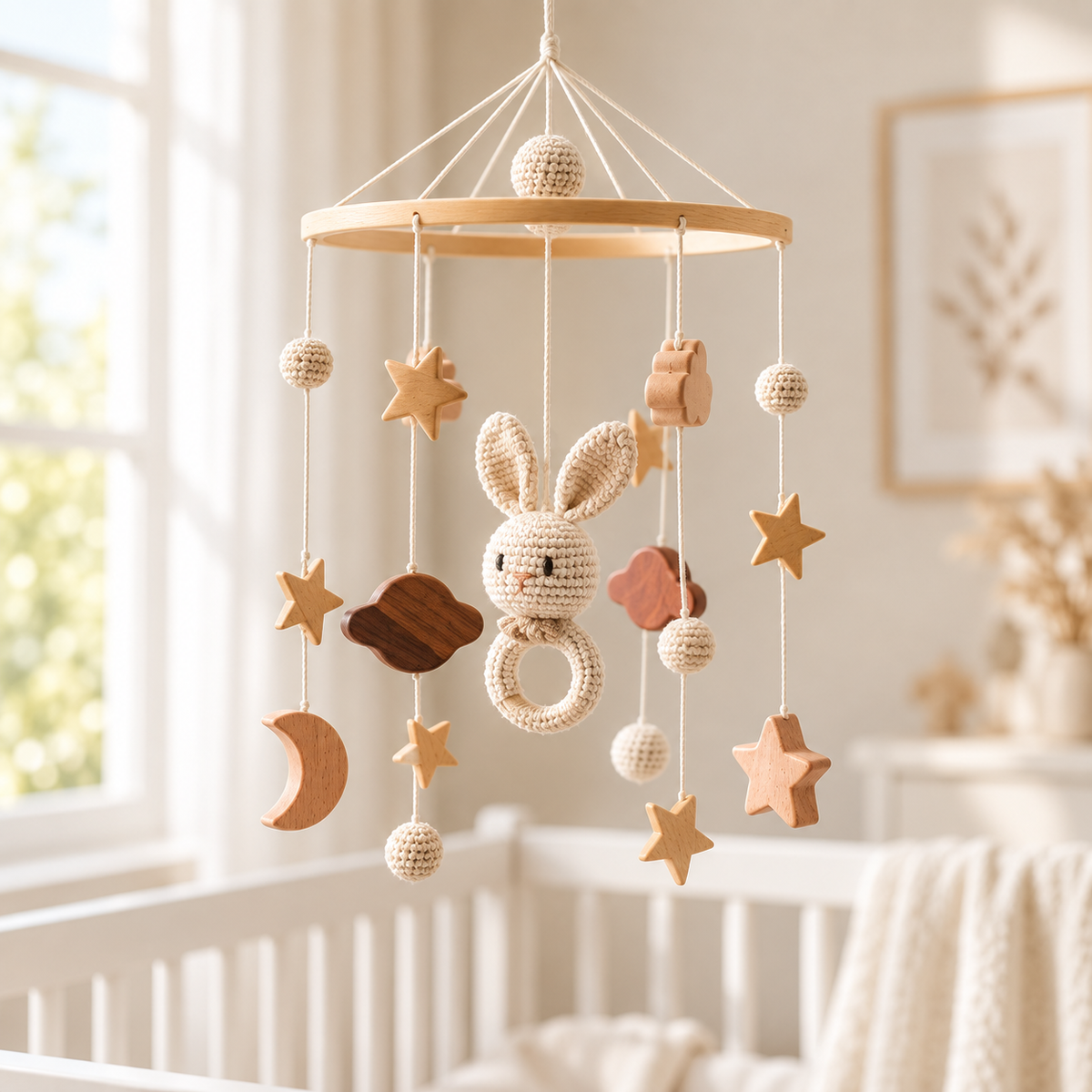 Mobile bébé lapin au-dessus d’un lit à barreaux blanc