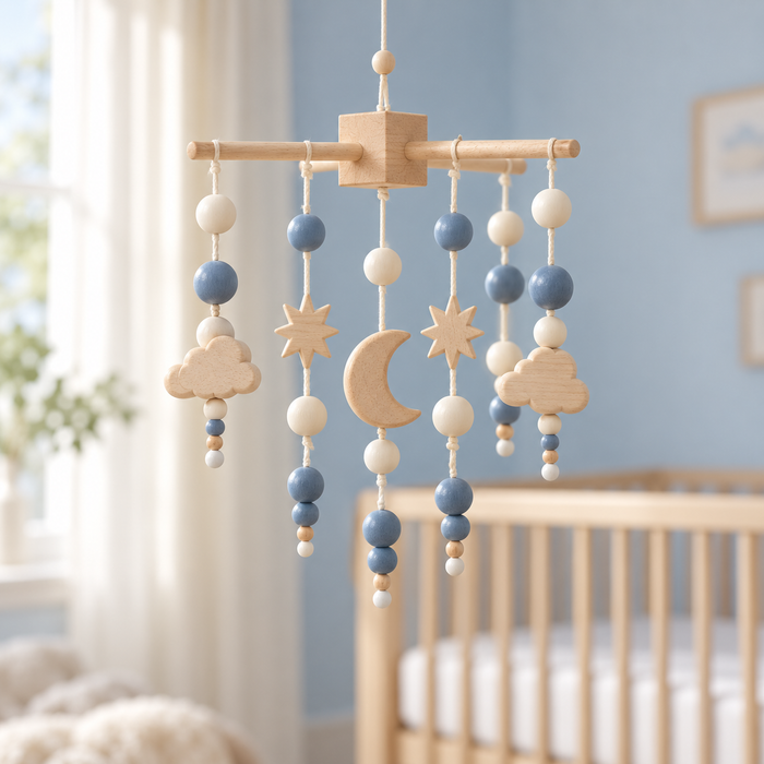 Mobile bébé lune bleue avec structure en bois en croix
