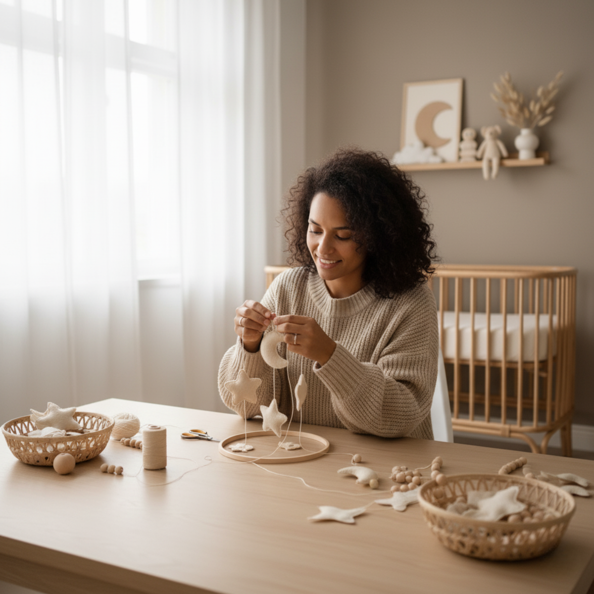 Mobile fait main en préparation sur une table en bois