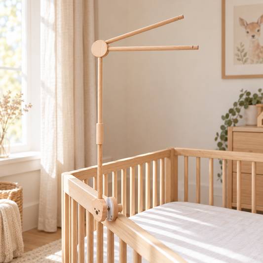 Support de mobile bébé en bois, ourson — photographie lifestyle chambre bébé