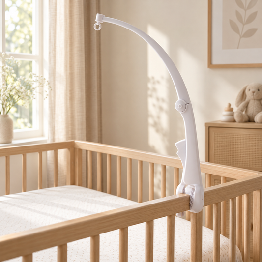 Support de mobile bébé courbé blanc — photographie lifestyle chambre bébé