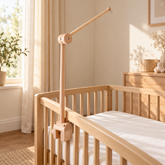 Support de mobile bébé en bois, arche pivotante — photographie lifestyle chambre bébé