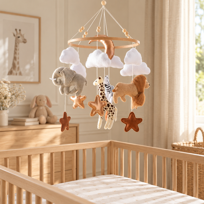 Mobile bébé savane dans une chambre de bébé, photographie d’ambiance — Doux Cocon