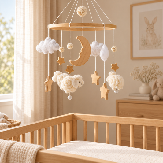 Mobile bébé moutons et lune, beige dans une chambre de bébé, photographie d’ambiance — Doux Cocon