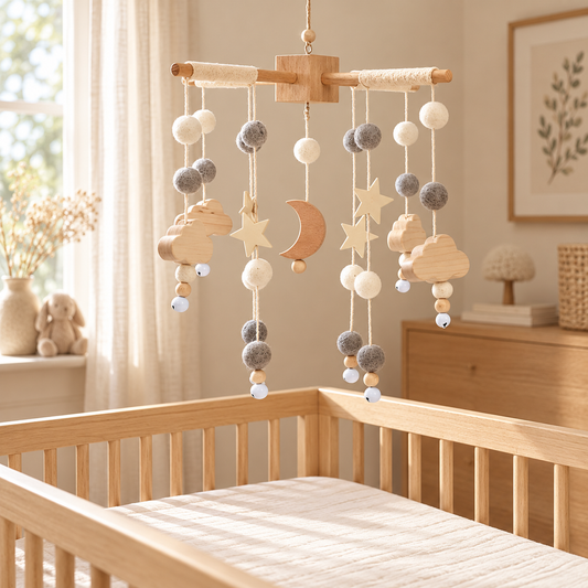 Mobile bébé croix en bois et perles de feutre, gris dans une chambre de bébé, photographie d’ambiance — Doux Cocon