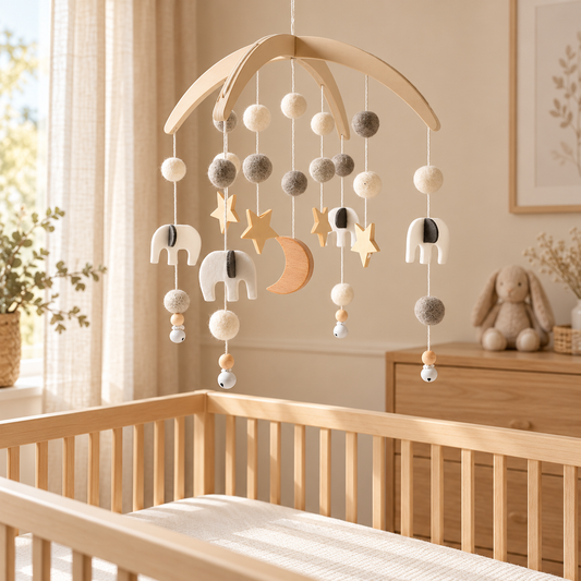 Mobile bébé lunes et étoiles, image lifestyle dans une chambre bébé – Doux Cocon