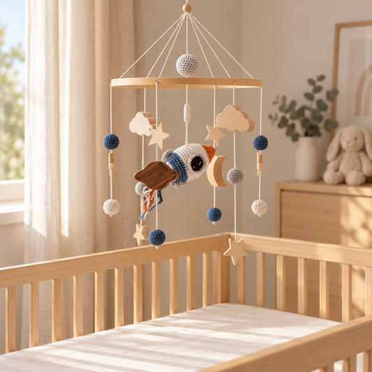 Mobile bébé fusée et planètes, image lifestyle dans une chambre bébé – Doux Cocon
