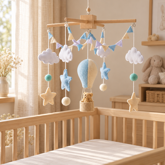 Mobile bébé montgolfière et fanions, image lifestyle dans une chambre bébé – Doux Cocon