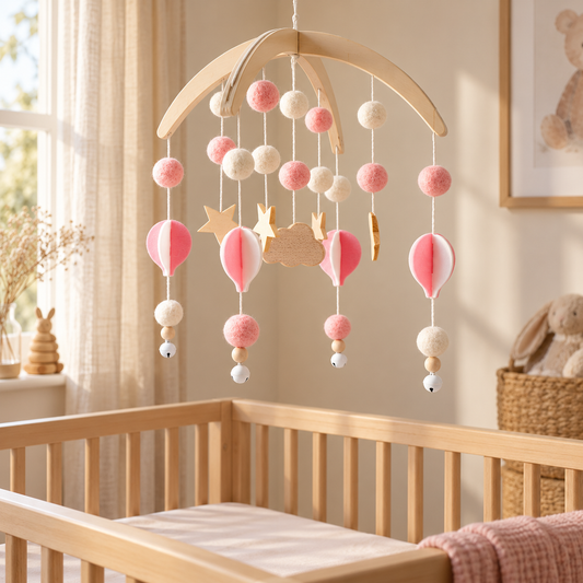 Mobile bébé montgolfières roses, image lifestyle dans une chambre bébé – Doux Cocon