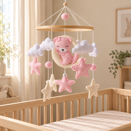 Mobile bébé ourson rose et lune, image lifestyle dans une chambre bébé – Doux Cocon