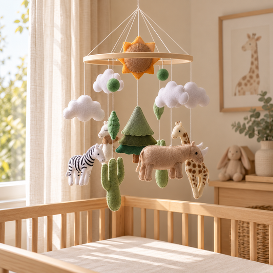 Mobile bébé soleil et forêt, image lifestyle dans une chambre bébé – Doux Cocon
