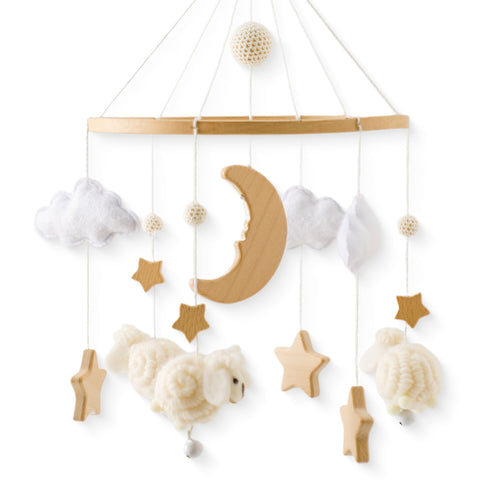 Mobile bébé moutons et lune, beige