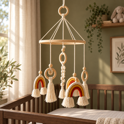 Macramé rainbow mobile above a dark wood crib