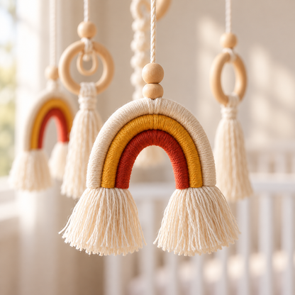 Detail of the macramé rainbows and wooden rings