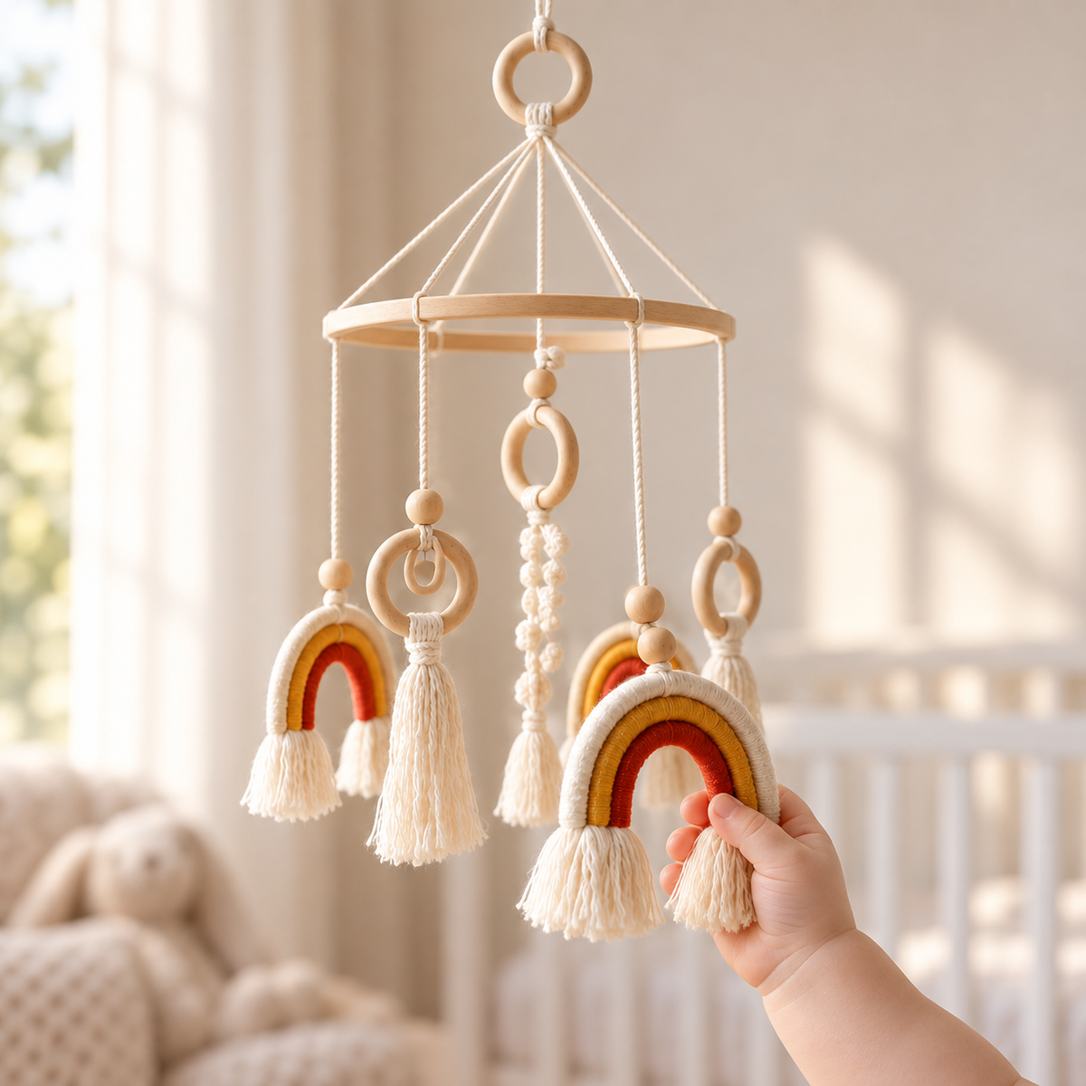 Baby's hand touching the macramé rainbow