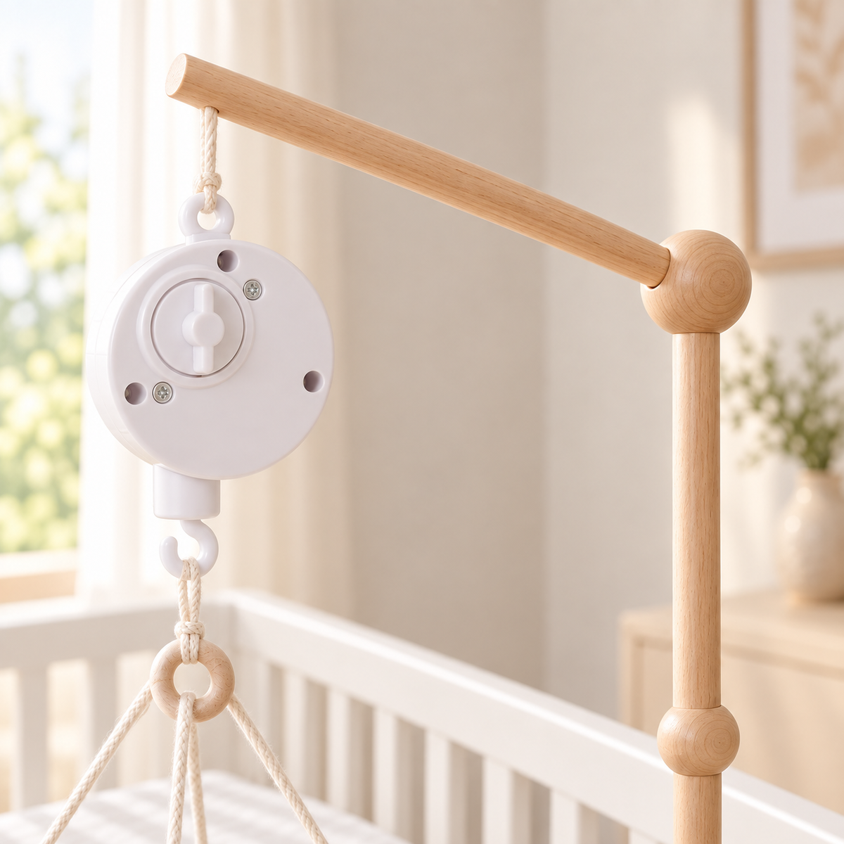 Houten mobielhouder met witte muziekdoos