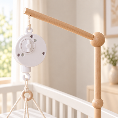 Houten mobielhouder met witte muziekdoos