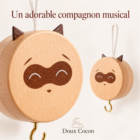 Boîte à musique pour mobile bébé, raton laveur en bois — image 2